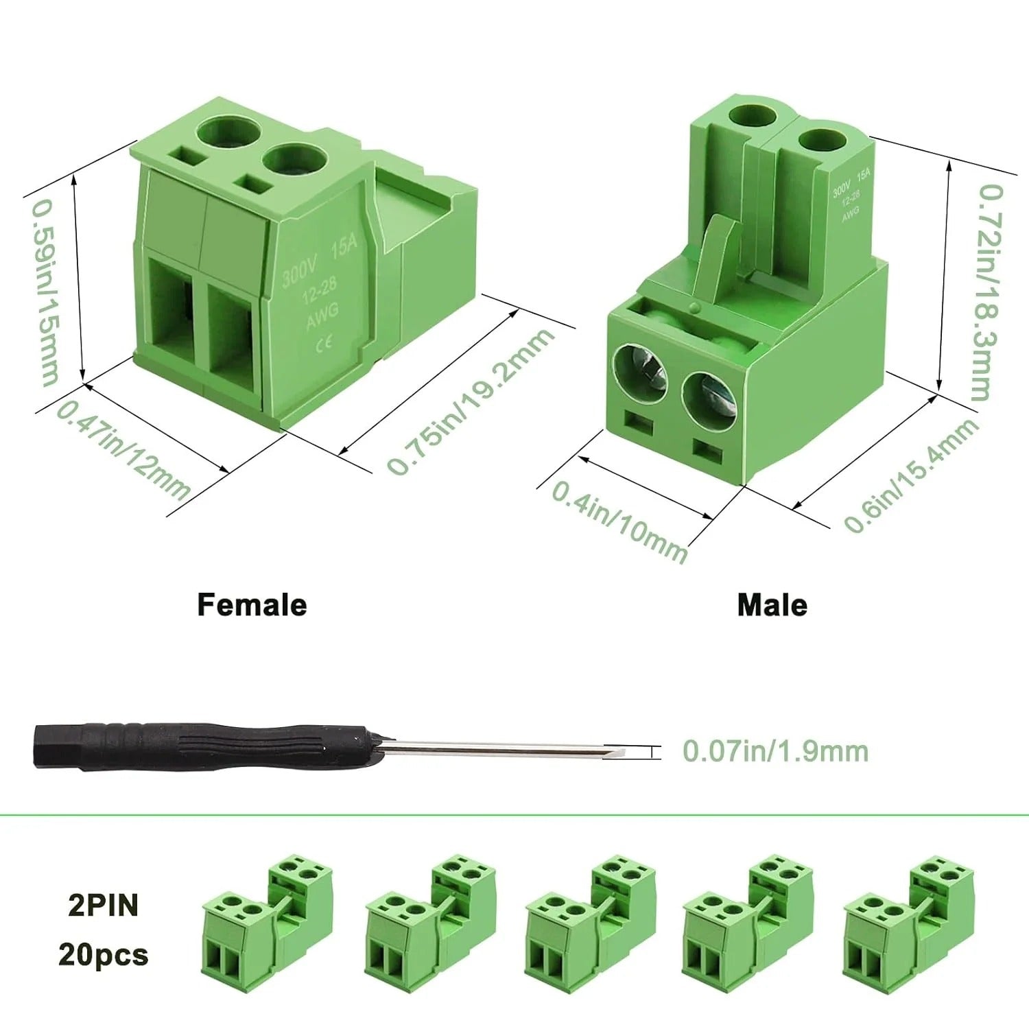 16Pcs 2 Pin Screw Terminal Block Connector 5.08mm Pitch Pluggable with 2 Pin Phoenix Plug 300V 15A for 28-12AWG Cable
