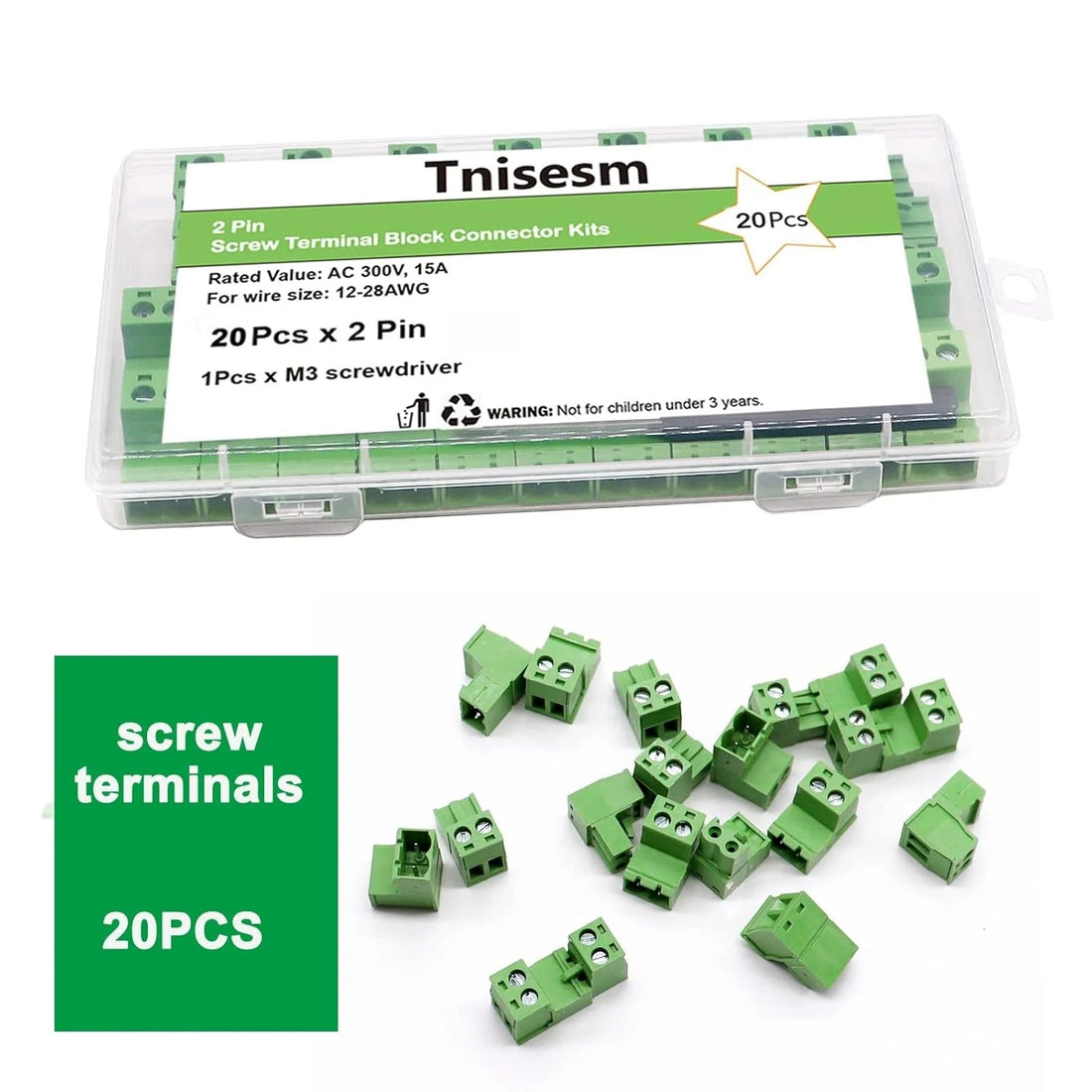 Green screw terminals in a clear plastic case with 'Thisesm' branding on a white background.