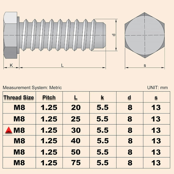 20Pcs M8 Hex Bolts M8x30mm Hex Head Bolt Stainless Steel 304 | M8-1.25 Fully Threaded Hex Tap Metric Hexagon Head Machine Screw Right Hand External Hex Drive