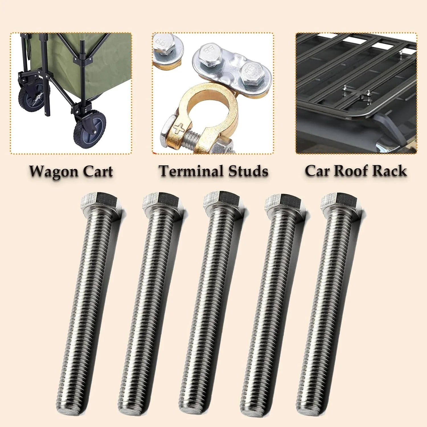 Five long silver metal bolts shown on a beige background, with three inset photos at the top illustrating a wagon cart, terminal studs, and a car roof rack.