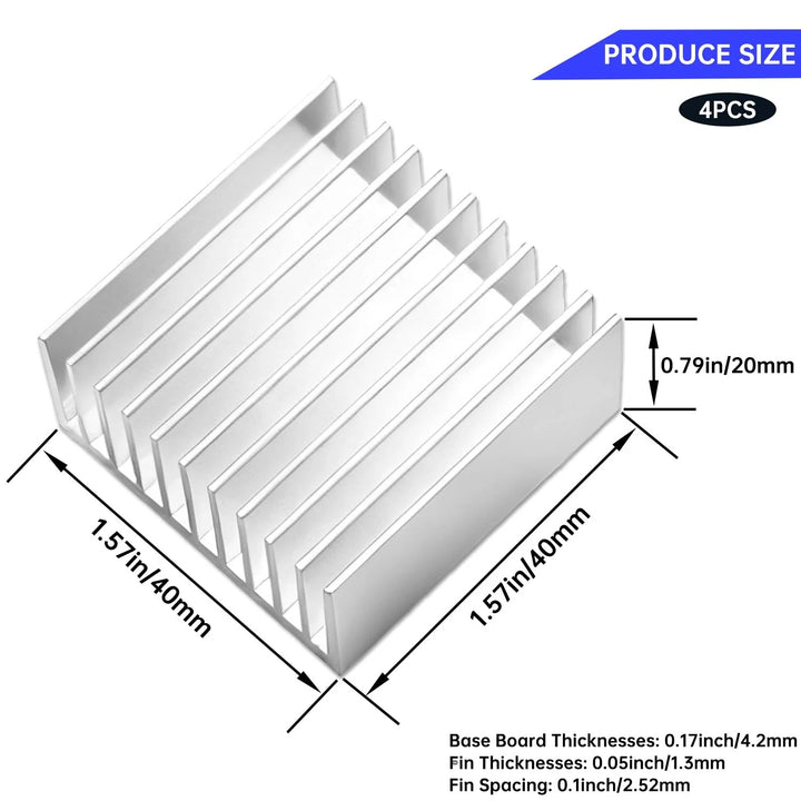 4PCS Aluminum Heat Sink 40x40x20mm / 1.57"x1.57"x0.79" with Thermal Conductive Adhesive, Designed for Cooling 3D Printers, Electronic modules, CPU, LED Power Supplies and Active Components.