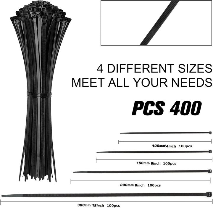 Cable Zip Ties,400 Pack Black Assorted Sizes 12+8+6+4 Inch,Multi-Purpose Self-Locking Nylon Cable Cord Management,Plastic Wire Ties for Home,Office,Garden,Workshop. By HAVE ME TD