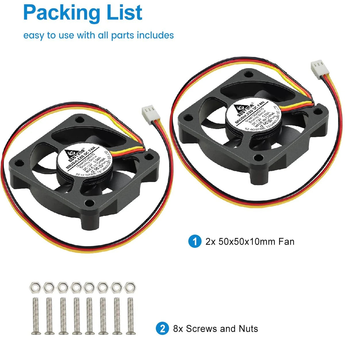 GDSTIME 50mm Fan 3 Pin, 12V 50x50x10mm Mini DC Brushless Cooling Fan Replacement for CPU Heatsink, Northbridge Cooler (2 Pack)