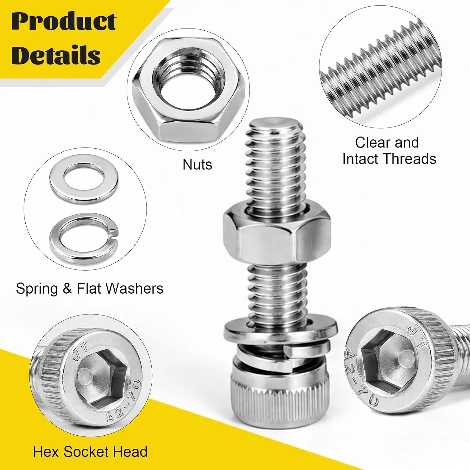 960pcs M2.5 Screws with Nuts Assortment kit, M2.5x4/6/8/10/12/16/20/25 mm 304 Stainless Steel Hex Socket Head Bolts with Flat & Lock Washers Assorted Set