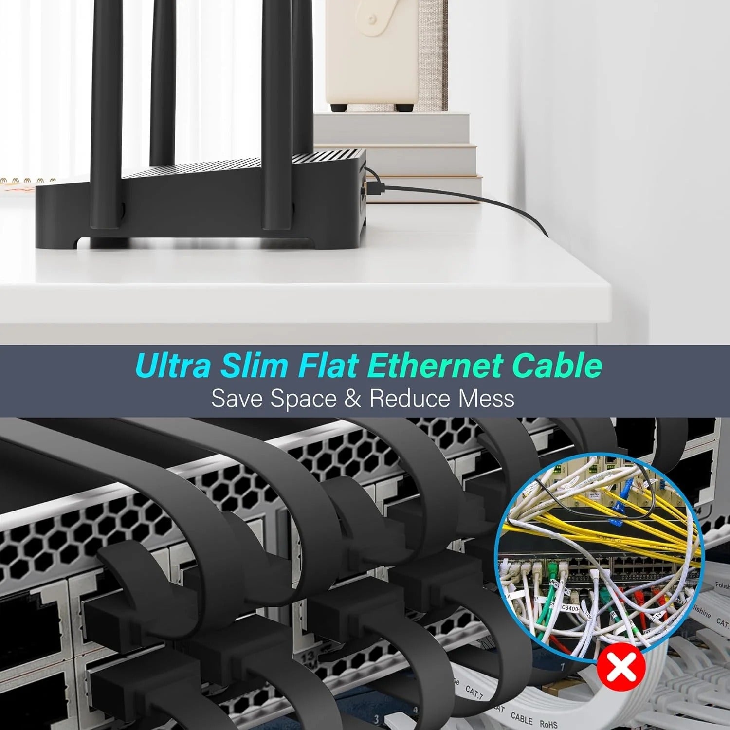 Adoreen Cat 7 Flat Ethernet Cable 1.5 Ft/10 Pack, High-Speed Shielded Internet Network Cable with Low Profile&Compact RJ45 Connector, Thin Slim Short Cat 6E 6A Patch Cord,S/FTP,POE,10Gbps 600MHZ,Black