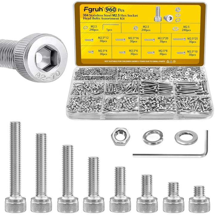 960pcs M2.5 Screws with Nuts Assortment kit, M2.5x4/6/8/10/12/16/20/25 mm 304 Stainless Steel Hex Socket Head Bolts with Flat & Lock Washers Assorted Set