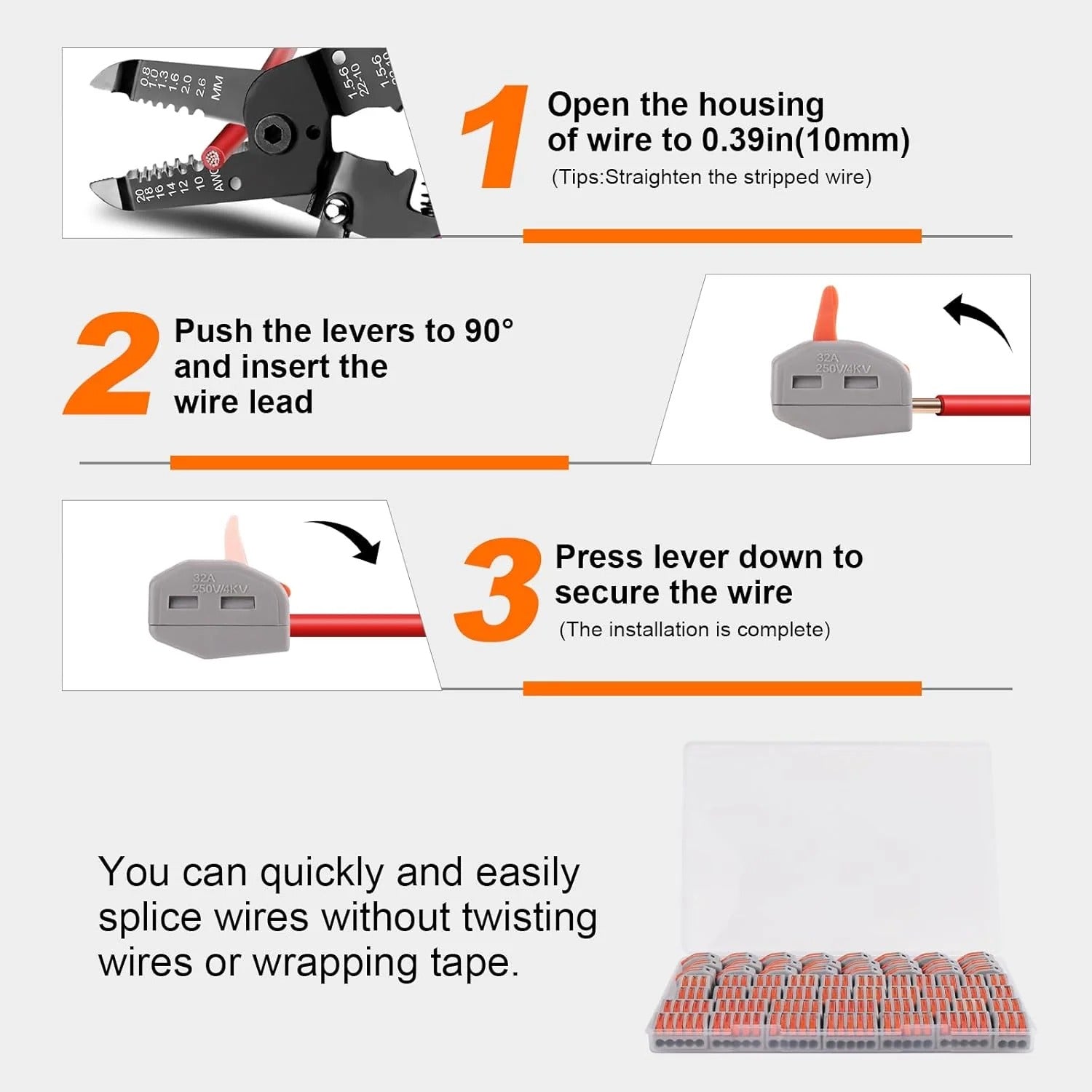 90PCS AVARBUVO Lever Wire Connectors, Quick Wire Splice Connectors Push-in, 2/3/5 Conductor Combination Kit with 1 in 1 Out Inline Terminals, 28-12 AWG
